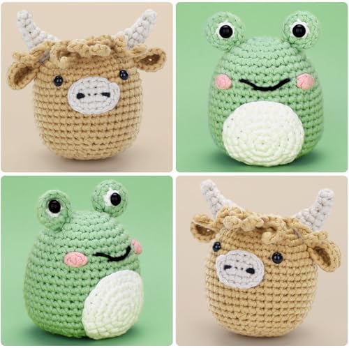 CrochetBox Crochet Kit for Beginner, Highland Cow and Frog Learn How to Crochet Stuffed Animals Gift for Adults and Teen(), Knitting Set with Yarn Hook Stitch-by-Stitch Video Tutorial