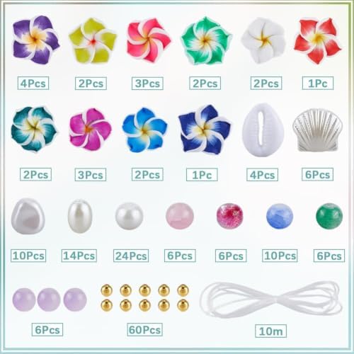 SUNNYCLUE 1 Box 174Pcs DIY 6 Sets Bracelet Making Kit Plumeria Flower Beads Polymer Clay Beads Summer Ocean Hawaiian Shell Bead Imitation Pearl Beads for Jewelry Making Kits Adult Women Gifts Supplies
