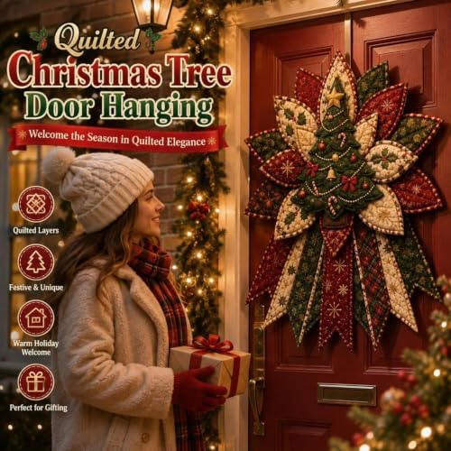 Festive Quilted Christmas Door Hanging DIY Sewing Kit, Christmas Quilted Bow DIY Kit with Fabric, Batting, Thread, Templates & Instructions, Patchwork Hanging Decor Kit for Door Wall Display