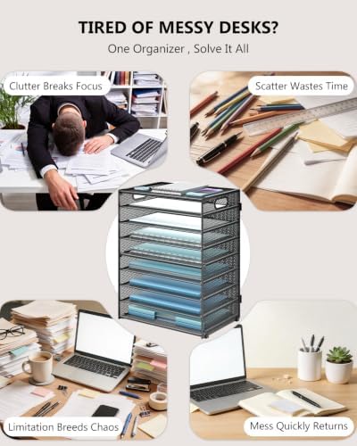 WALI Desk File Organizer, 9 Tier Desktop Paper Letter Tray Organizer with Handle, Office Desk Accessories & Workspace Organizers for Office, Home, School Supplies, 1 Pack, Black