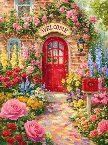 Welcome Spring Flower Diamond Art Kits for Adults, Diamond Painting Kits for Adults for Beginners, DIY Diamond Dots Art Kits, 5D Full Round Drill Gem Art Painting Kits for Home Wall Decor, 12x16in