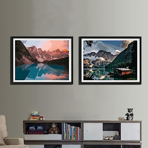 Paint by numbers Kit for adults beginners 2 pack paint by numbers for adults rolled up canvas for home decoration creative wall art with colorful gift box 12x16 inch mountain lake sunset 169-170