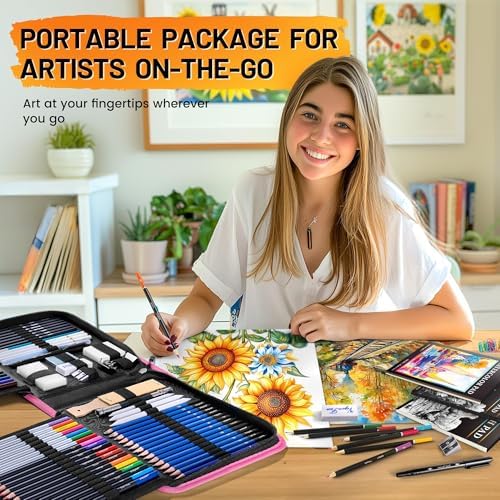 133 PCS Art Supplies Sketching Kit, Pro Drawing Pencils Art Kit Pink Gift