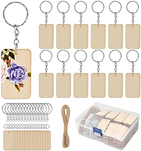 BUYGOO 80pcs Unfinished Wooden Keychain Set with 80 Key Rings and Hemp Rope for DIY Craft