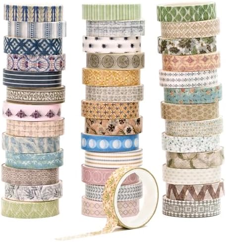 YUBBAEX 40 Rolls Basic Washi Tape Set Cute Printed Patterns Masking Skinny Creative Decorative Tapes for Arts, DIY Crafts, Journals, Planners, Scrapbook, Wrapping (Decorism 1)