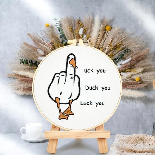 Middle Finger Duck Embroidery Kits for Beginners Adults, Funny Embroidery Starter Kits, Counted Cross Stitch Kits for Beginners DIY Craft Kits for Adult Women, Embroidery Hoop, Thread & Video Tutorial