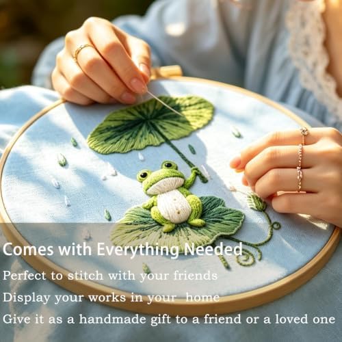 FONNUY Embroidery Kit for Beginners - Frog Under Lotus Leaf DIY Cross Stitch Set, Pre-Printed Fabric with 8’’ Hoop, Cute Rainy Day Art Craft for Adults, Home Decor & Handmade Gift (Green 01)