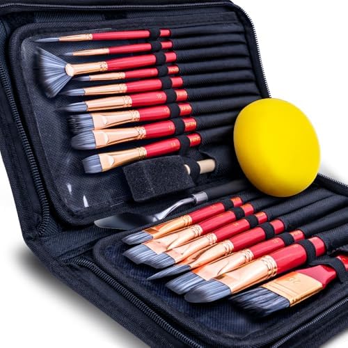 Transon 20Pcs Art Paint Brush Kit with Storage Case, 16 Brushes + Foam Brush Spatula Sponge for Acrylic Oil Watercolor Gouache, Adults Teens Beginners Art Supplies