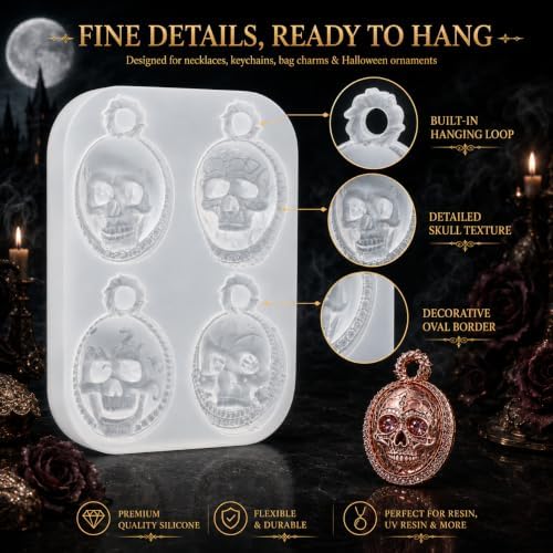 Gothic Vintage Oval Cameo Skull Silicone Resin Mold with Pre-Made Hanging Hole, 4 Cavity Decorative Skull Pendant Epoxy Mold, DIY Jewelry Charm Casting Supplies for Halloween & Christmas Crafts (KL07)