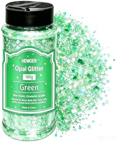 HEMOER Green Opal Glitter 100g/3.5oz, Cosmetic Mixed Hexagon Chunky & Fine Craft Glitter Resin Sequins for Epoxy Glass, Resin Art, Body, Hair, Face, Nail, Tumbler, Festival Party