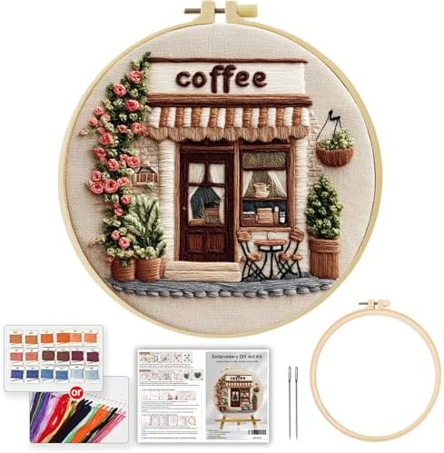 Embroidery Kit for Beginners – Complete Hand Embroidery Starter Set with Hoop, Pattern Cloth, Color Threads & Needles, DIY Embroidery Set for Relaxation, Home Décor & Unique Gifts (Corner Cafe)
