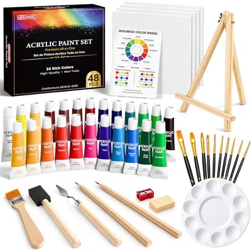 MISUMISO Acrylic Paint Kit for Beginners, 24 Colors Complete Painting Set with 4 Canvas Panels, 10 Brushes, Wooden Easel, Palette & Art Supplies, All-in-One Paint Set for Adults & Teens