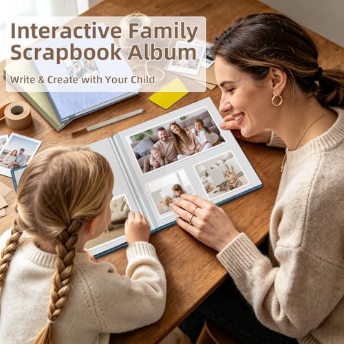 Popotop Photo Album Self Adhesive with Picture Display Window,60 Pages DIY Scrapbooking Supplies Kit for 4x6 8x10 Picture,Linen Cover Memory Book for Baby Wedding, with Scraper and Metallic Pen