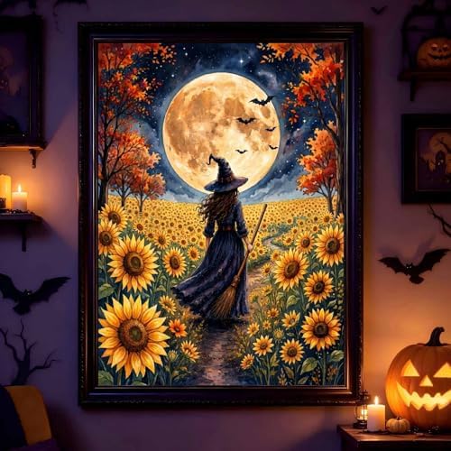 Witch Diamond Art Kits for Adults, Autumn Sunflower Diamond Painting