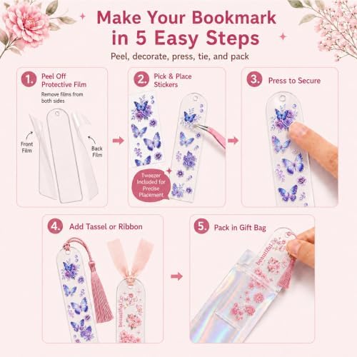 DIY Bookmark Making Kit, 20 Clear Acrylic Bookmark Blanks 5.9 x 2 in with PET Floral Bookmark Stickers, Tassels, Ribbons, Gift Bags, Bookish Gifts for Book Lovers, Book Club Crafts, Readers
