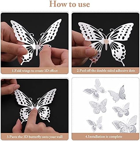 SAOROPEB 3D Butterfly Wall Decor, 48 Pcs 4 Styles 3 Sizes, Removable Metallic Wall Sticker Room Mural Decals for Kids Bedroom Nursery Classroom Party Decoration Wedding Decor DIY Gift (Sliver) | 4 Styles 3 Sizes, Removable Metallic Wall Sticker Mural D...