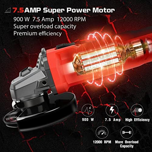 7.5Amp 4-1/2 Inch 12000 RPM Angle Grinder with 2 Guards, 3 Cutting Wheels, 3 Discs, Non-Slip Handle and Carbon Brush for Metal and Wood