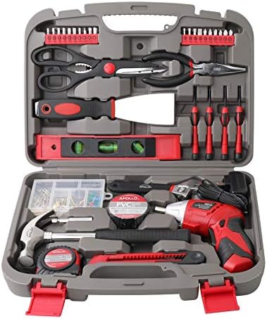 Apollo Tools 135 Piece Household Tool Set with Pivoting Dual-Angle 3.6 Volt Lithium-Ion Cordless Screwdriver – Includes Most-Needed Tool Selection and Hanging Assortment- Red - DT0773