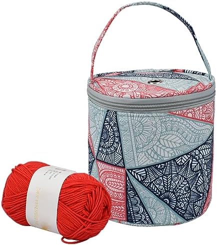mini yarn storage small size yarn bag for crocheting with holes,empty round knitting tote bags protable yarn holder,perfect for travel,beginner & crocheter(Blue Geometry)