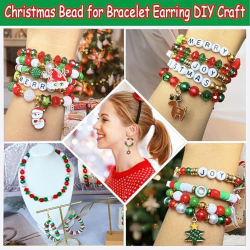 1540PCS Christmas Beads for Bracelets Jewelry Making Kit, Christmas Tree Snowflake Charms, Red Green Xmas Clay Beads Assorted Acrylic Crystal Round Pearl Star Spacer Bead for DIY Crafts Necklace