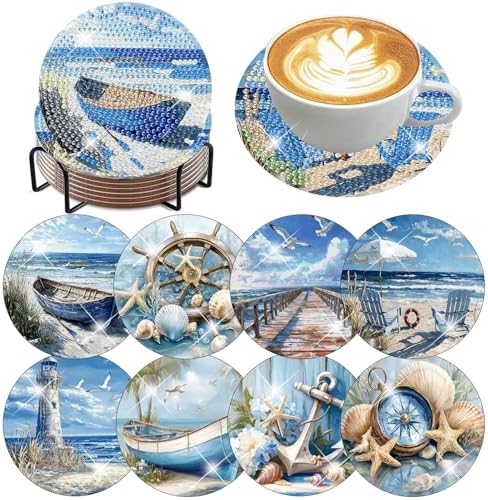 8 Pack Beach Diamond Art Coasters,Seaside Diamond Painting Coasters Kits