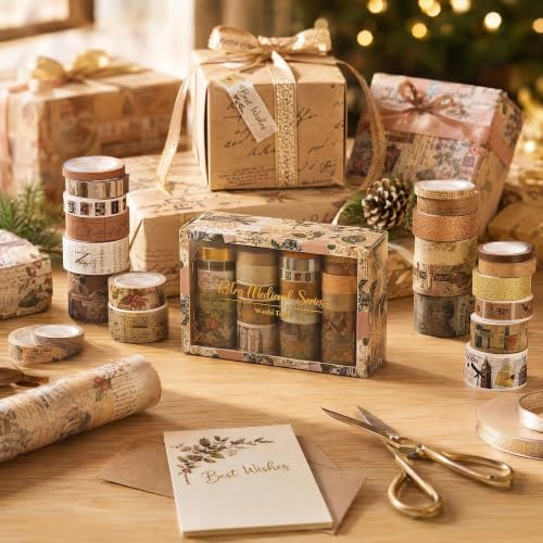 Washi Tape Set, 24 Rolls Vintage Washi Stickers, Assorted Sizes, for Junk Journal Scrapbook Tape, Bullet Journaling Scrapbooking Supplies, Planner Sticker DIY Craft DéCor (Brown)