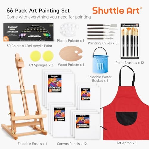 66 Pack Acrylic Paint Set, Shuttle Art Acrylic Painting Set with 30 Colors Acrylic Paint, Wooden Easel, Painting Canvas, Paint Brushes, Palettes, Art Painting Supplies for Kids Adults Beginner Artists