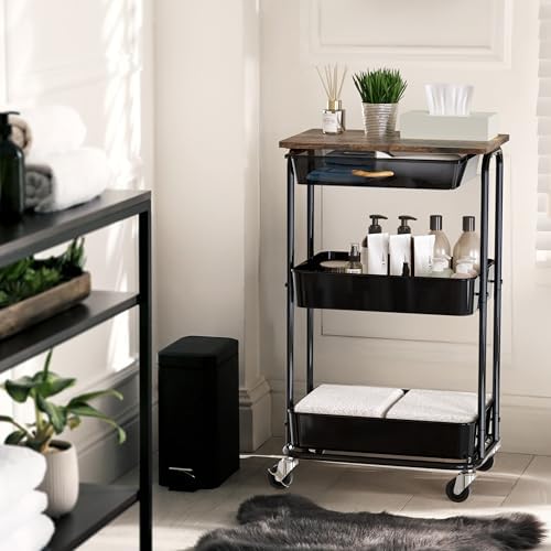 Simple Houseware 3-Tier Utility Cart with Drawer & Wood Top, Rustic Brown