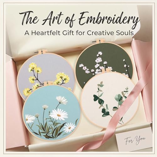 Harimau Adult Beginner Embroidery Starter Kit, Complete Set with 4 Patterns, 2 Hoops, Needles, Scissors, Instruction Guide & Stitching Video Tutorials