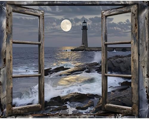 Clendo Paint by Numbers Kit for Adults- Lighthouse Adult Paint by Number Kits on Canvas for Beginners, DIY Beach Scene Acrylic Oil Number Painting Kits for Home Wall Decor 16"x 20" (Without Frame)