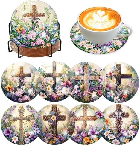 8 Pcs Diamond Art Coasters Kits for Adults, Cross Diamond Coasters 4x4in