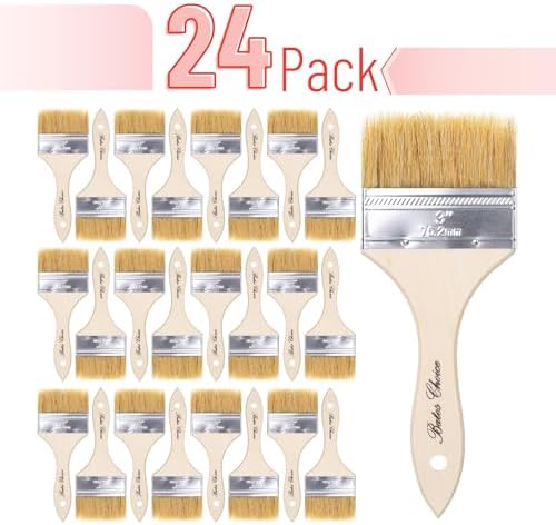 Bates- Chip Brushes 3 Inch, 24 Pack, 3 Inch Paint Brushes with Ergonomic Wooden Handle, Natural Bristle