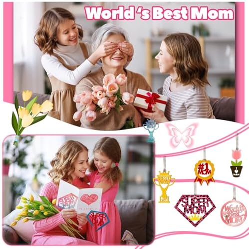 Mom Gift 40Pcs 5 Style Unfinished Wooden Mother's Day Ornaments DIY Craft Mother Birthday Present Paintable Blank Natural Mum Cutouts Hanging Wood Slices for Kids Art Crafts DIY Gift for Mom