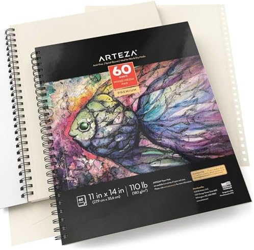 ARTEZA Mixed Media Sketchbook, 11x14 Inches – 2-Pack, 60 Spiral-Bound Sheets, 110 lb Acid-Free Paper for Wet & Dry Media: Acrylic, Ink & Pencil