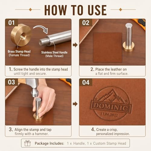 KAINSY Custom Leather Stamp Personalized Leather with Logo Text Hammer Press Leathercrafting Tool Metal Brass Embossing Stamp for Leather Craft Deep Engravings Gift Craftman Dad Husband Boyfriend