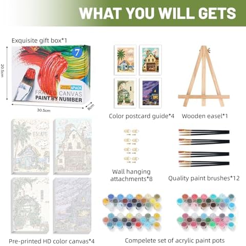 4 Pack Framed Paint by Numbers Kit for Adults Beginner with Wooden Easel, Landscape Easy Paint by Numbers with Frame, DIY Adult Paint by Numbers Kits on Canvas Framed for Home Decor Gift 8x12 Inch