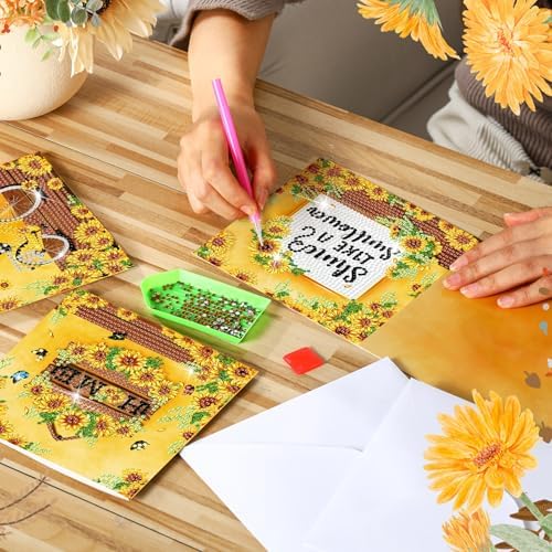 Saillong 12 Pack Sunflower Diamond Painting Greeting Card Kits DIY Diamond Art Cards with Envelopes Summer Flowers Gnome 5D Rhinestones Painting Card for Adults DIY Crafts Family Friend Birthday Gifts