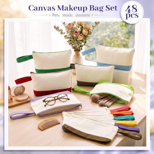 Silkfly 48 Pcs Cotton Canvas Makeup Bags Cosmetic Zipper Bags 10.2 x 5.5 x 2'' Blank DIY Pouch Bulk Pencil Case with Bottom Travel Toiletry Pouch for Women Craft Decor Gift (Beige and Multi Colors)