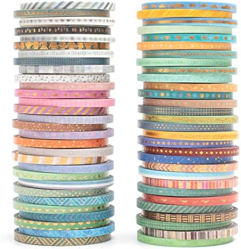 YUBBAEX 60 Rolls Skinny Washi Tape Set Gold Foil Masking Thin Basic Patterns Decorative Tapes for Arts, DIY Crafts, Journals, Planners, Scrapbook, Wrapping