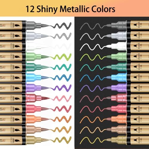 12 Colors Dual Tip Metallic Acrylic Paint Marker pens with Brush & Fine | Paint Marker for Black Paper, Scrapbooking, Photo Album, Rock, Wood, Card Making, DIY Arts & Crafts, Scrapbook Supplies