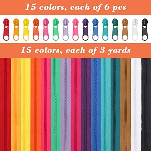 45 Yards 15 Colors #5 Nylon Coil Zippers with 90Pcs Pull Heads, Scissor, Ruler, Assorted Lengths Sewing Zipper for DIY Sewing Crafts Zipper Tape for Clothes, Bag, Purse Making Supplies Kit (Model 2)