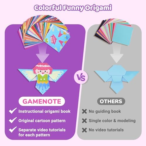 GAMENOTE Origami Kit for Kids Ages 8-12, 72 Fantasy Projects, 180 Sheets | Double-Sided Origami Paper with fantasy themes includes 168 patterned sheets, 12 solid practice sheets and video guides.