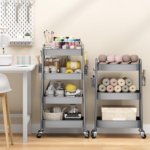TOOLF 4 Tier Rolling Cart, Metal Utility Storage Cart with Pegboard, Grey | 2 Bins & 4 Hooks, Screwless Assembly, Lockable Wheels, Trolley Organizer for Bathroom, Kitchen, Office, Dorm, Craft Room