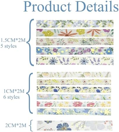 Washi Tape Set, Floral Washi Stickers, 12 Rolls Assorted Sizes, for Junk Journal Scrapbook Tape, Bullet Journaling Scrapbooking Supplies, Planner Sticker DIY Craft DéCor (Blue)