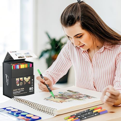 ZSCM 80 Colors Markers for Adult Coloring Books No Bleeding - Duo Tip Pens | Fine & Brush Coloring Marker for Adult Calligraphy, Illustration, Cards Drawing, Note taking Lettering, Journaling
