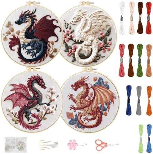 FREEBLOSS 4 Sets 11.6" Embroidery Kit for Beginners Dragon Stamped Patterns