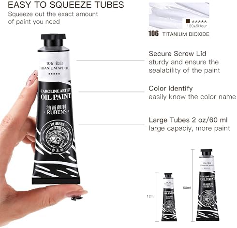 rubens Oil Paint Set 2oz 6 Count Titanium White Oil Paint for Canvas | Professional Oil Paints with Thicker Creamy Texture, High Saturation, Large Tubes Art Supplies for Adult, Artists, Beginners