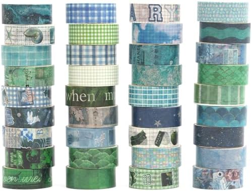 YUBBAEX Nature Washi Tape Value Pack 36 Rolls Plants Printed Masking Tape Cute Decorative for Arts, DIY Crafts, Journal Supplies, Planners, Scrapbook, Card/Gift Wrapping (Green Blue)