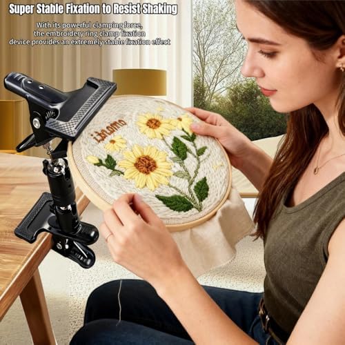 Embroidery Hoop Stand Holder - 360° Rotatable Adjustable Metal Table Clamp for Cross Stitchers,Hands-Free Sewing Needlework Stand,Fits 4–12 Inch Hoops,Portable Embroidery Stand with Protective Pads