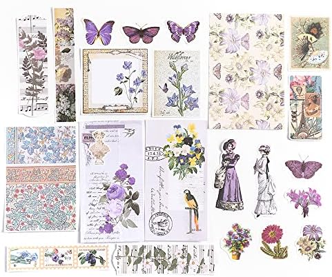Alideco 200pcs Vintage Scrapbook Stickers Kawaii Purple Floral Scrapbooking Paper Washi Junk Journaling Supplies Collage Album Aesthetic Cottagecore Picture Frames(Butterfly)